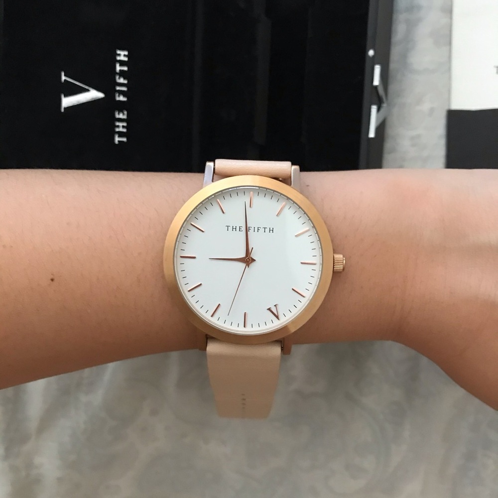 the fifth rose gold and peach leather watch